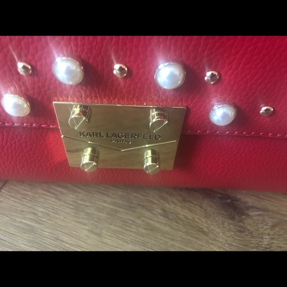 KARL LAGERFELD-NWT Red Leather Crossbody Handbag with Pearl Accents - Picture 4 of 16
